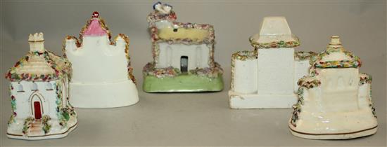 Five Staffordshire porcelain models of cottages and a church, mid 19th century, 10 - 11.5cm